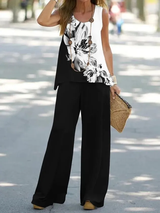 Floral Print Sleeveless Top And Wide Leg Plain Pant Two-Piece Set