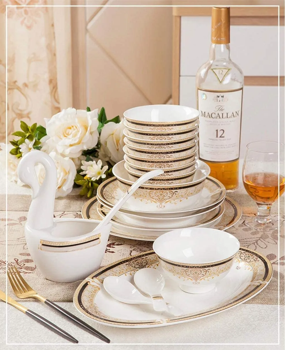 60 Piece Porcelain Dinnerware Set, Plate and Bowl Set, European-Style Elegant Tableware Set, Jingdezhen Bone China Dish Set, Service for 8-10