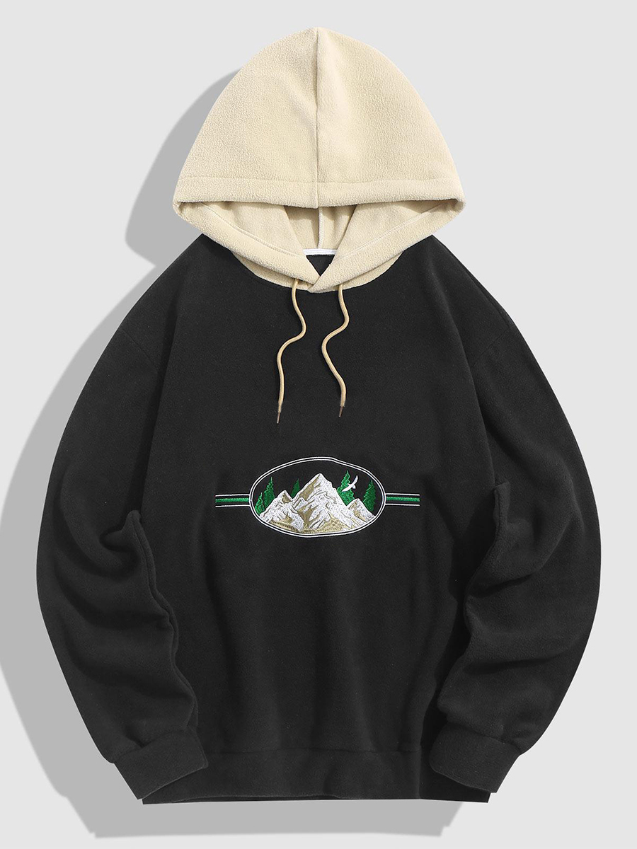 Street Color Block Alphabet Mountain Embroidered Hoodie