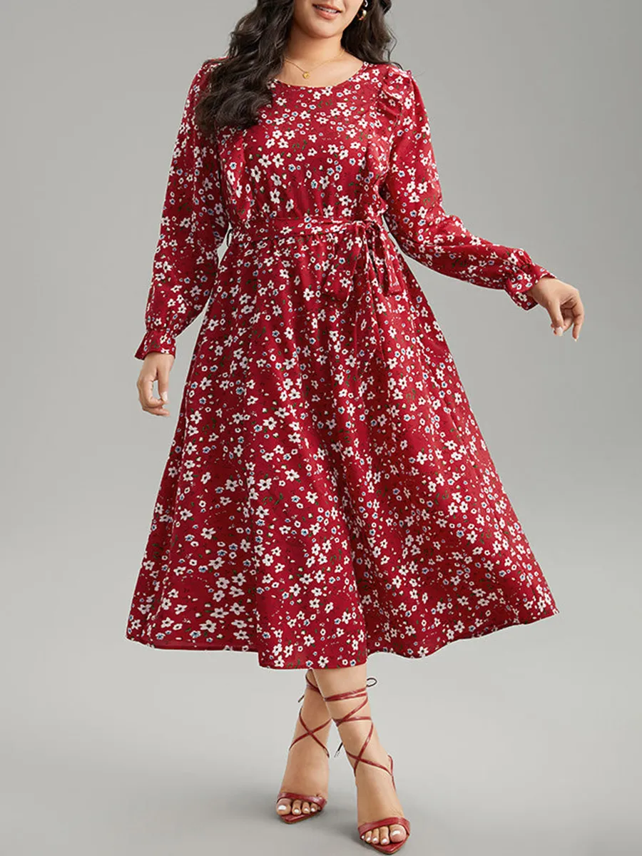 Red elegant advanced floral waist MIDI dress