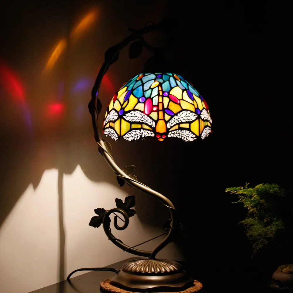 Tiffany Desk Lamp Stained Glass Table Reading Banker Light Crystal Bead Blue Yellow Dragonfly Style Shade W8H20 Inch S128 World Menagerie LAMPS Parent Lover Kid Living Room Bedroom Coffee Bar Crafts Gift