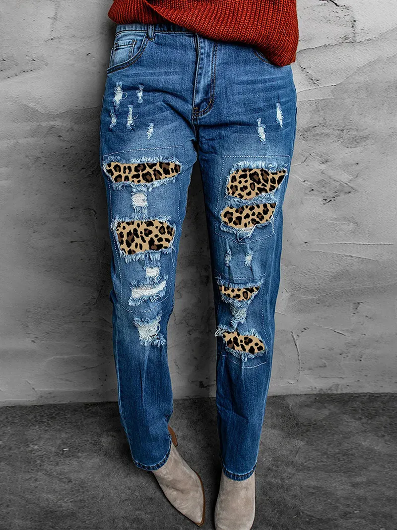 Casual leopard print patchwork jeans