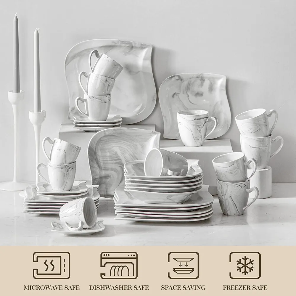 MALACASA Dish Set for 12, 60 Piece Marble Grey Square Dinnerware Sets, Porcelain Dinner Set with Plates and Bowls Sets, Cups and Saucers, Dishware Sets Kitchen Dishes Microwave Safe, Series Blance