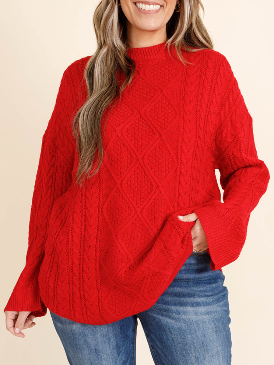 Red jacquard pattern loose knit sweater