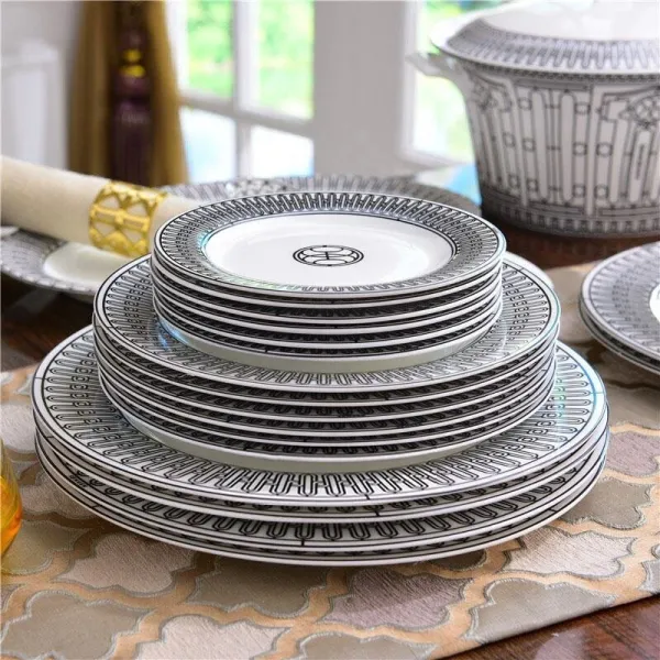 58-piece black striped porcelain dinnerware set