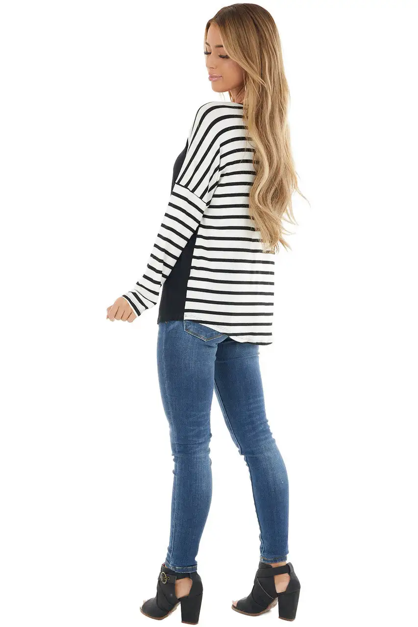 Black and Ivory Striped Long Sleeve Top with Solid Front