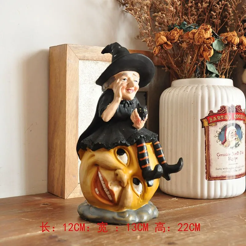 Vintage Ghost Skull Ornament Hand-painted Black Cat Witch Desktop Sculpture Fun Halloween Decoration Ceramic Craft Birthday Gift