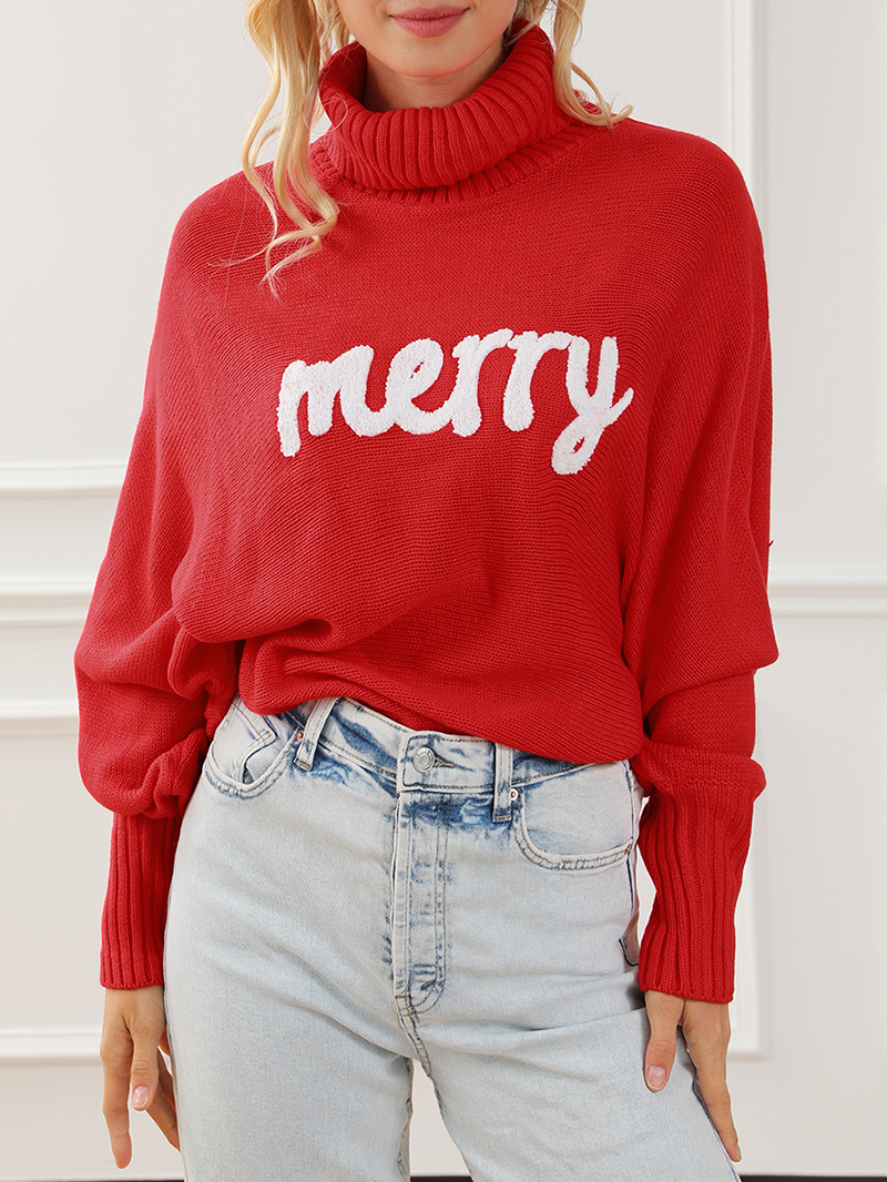 Fiery Red Merry Letter Embroidered High Neck Sweater