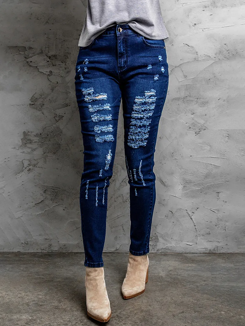 Women's ripped solid color pencil jeans