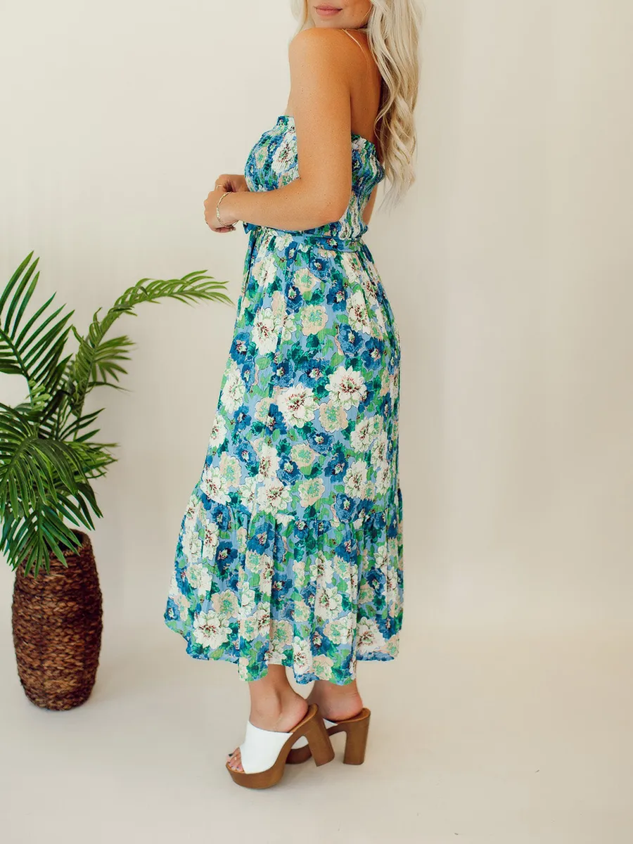 Floral patterned strapless mid length dress