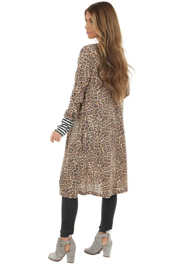 Beige Leopard Print Cardigan with Striped Contrasts