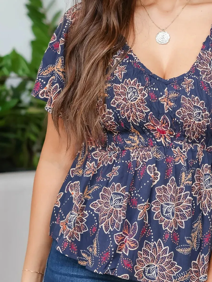 V-neck floral printed pleated top