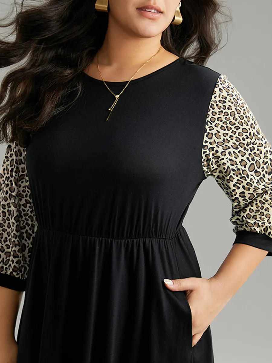 Leopard print spliced plus-size women's dress