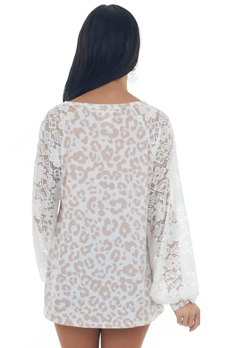 Beige Leopard Print Top with Lace Long Sleeves