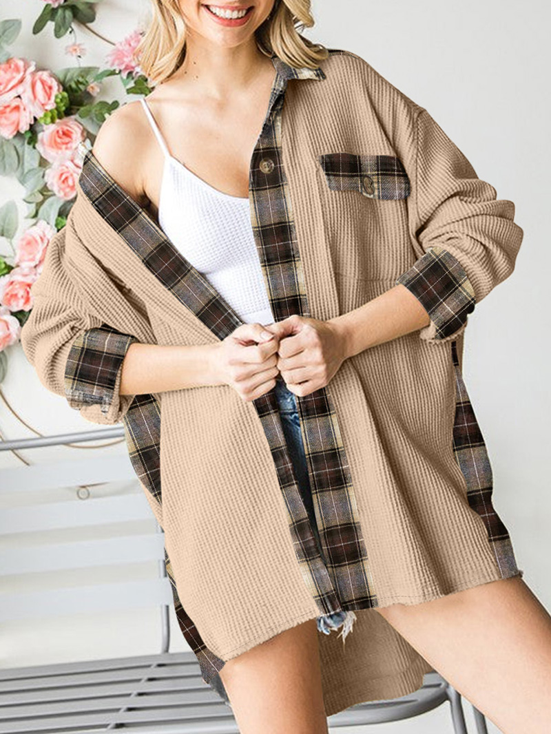 Plaid Patchwork Waffle Thermal Knit Shacket