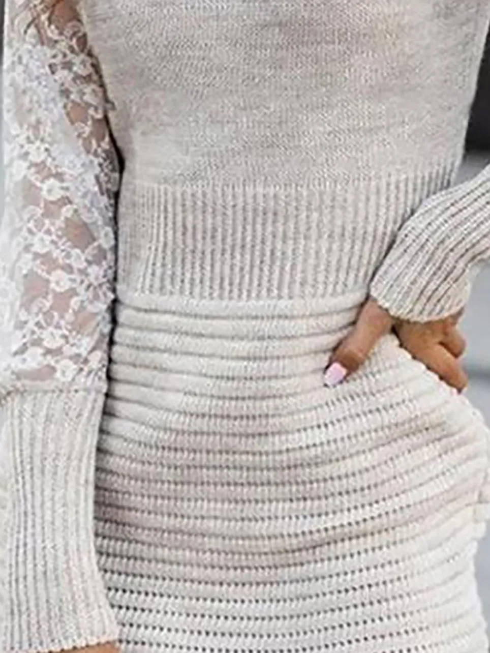 V-neck lace sleeve knit mini dress