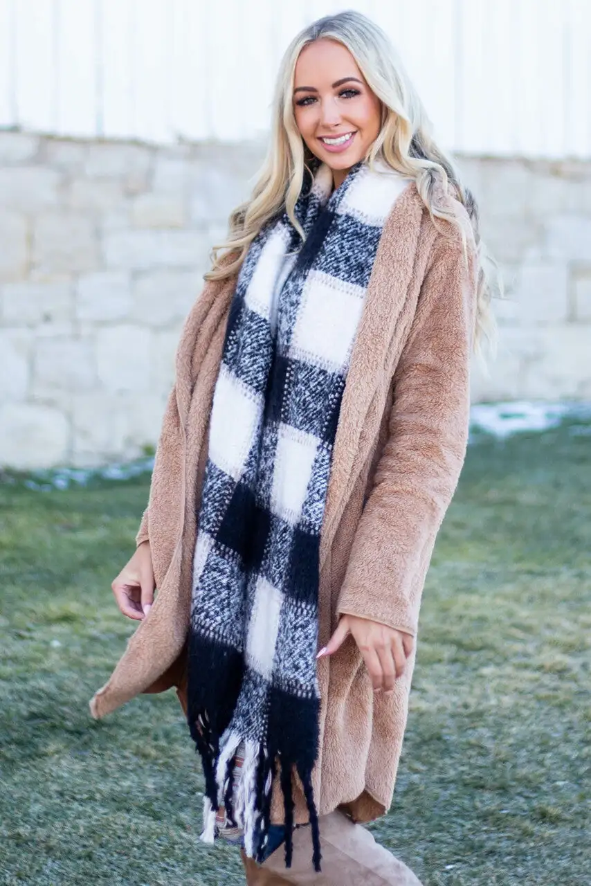 Black and Ivory Plaid Long Scarf with Tassel Edges