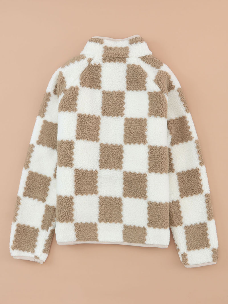 White Checked Snap Button Sherpa Jacket