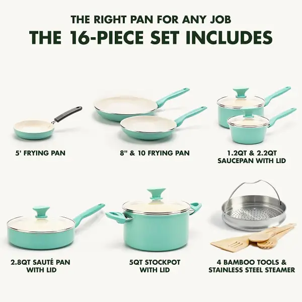 Rio Healthy Ceramic Nonstick 16 Piece Cookware Pots and Pans Set, PFAS-Free, Dishwasher Safe, Turquoise