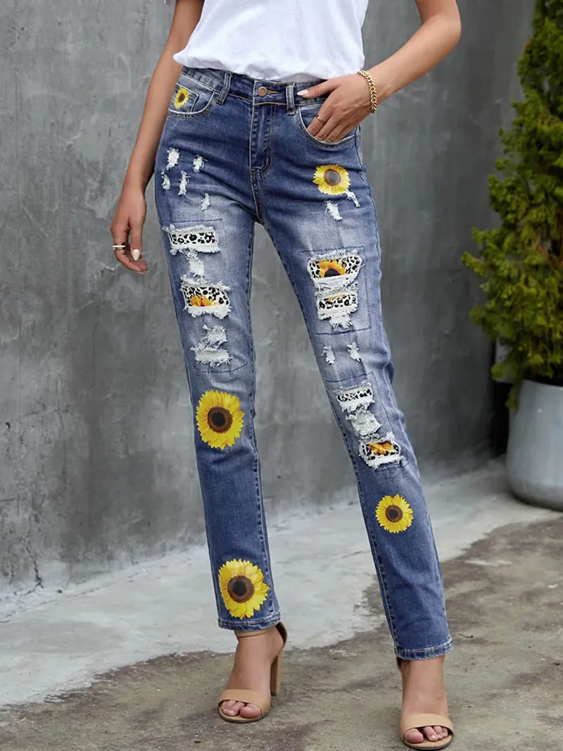 Women's vintage sunflower print patchwork ripped jeans