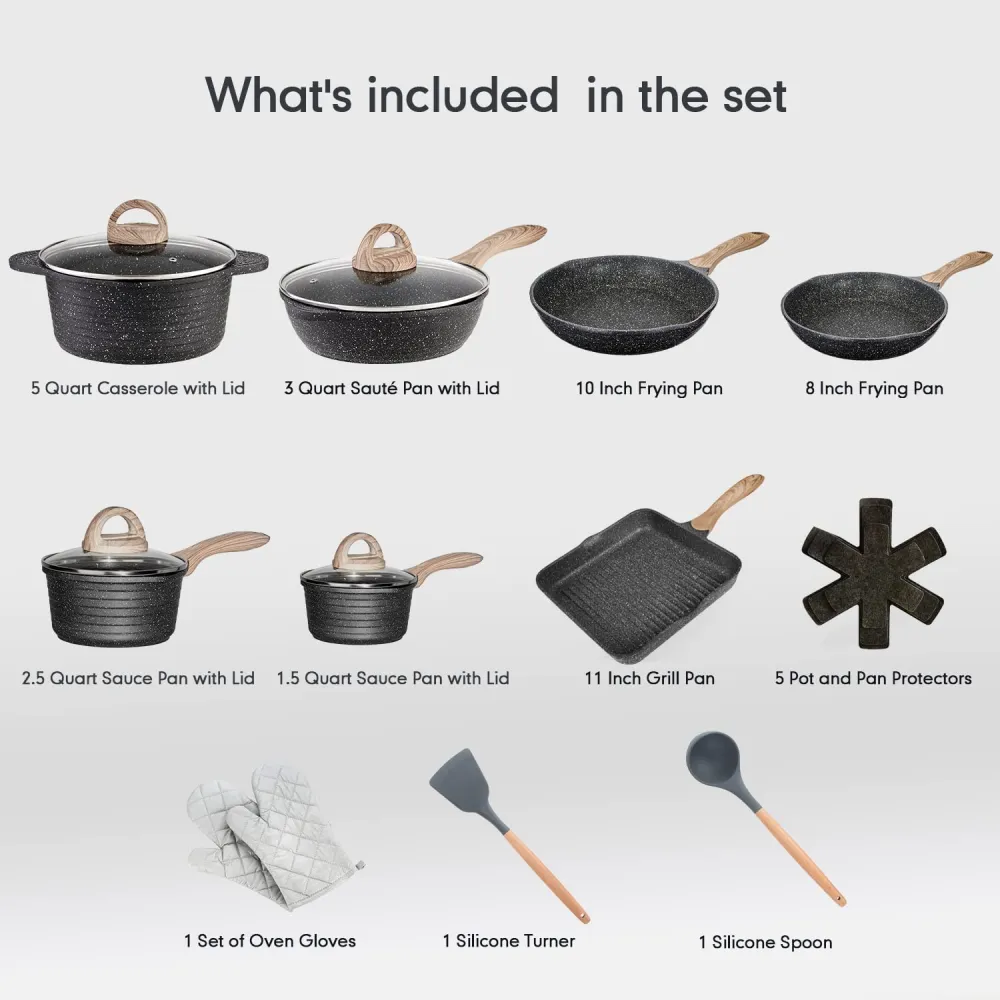 Pots and Pans Set Nonstick 20PCS, Granite Coating Cookware Sets Induction Compatible with Frying Pan, Saucepan, Saut Pan, Grill Pan, Cooking Pots, PFOA Free, (Grey, 20pcs Cookware Set)