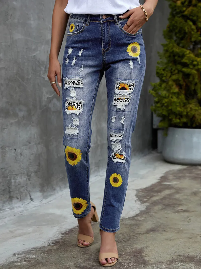 Women's vintage sunflower print patchwork ripped jeans