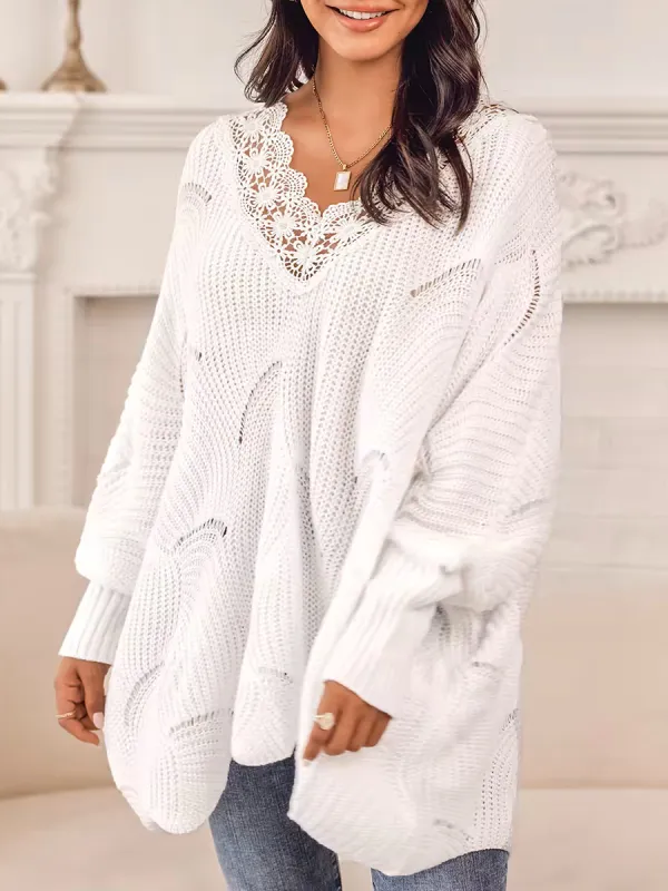 Floral lace pointelle-knit scalloped sweater