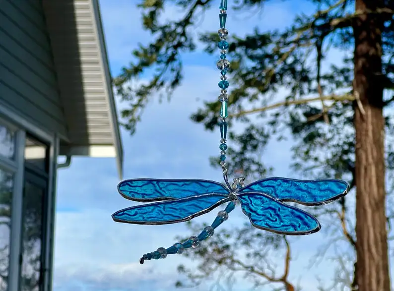 (Store Closing Sale) Stained Glass Dragonfly Suncatcher Window Hanging, Gardener's Gift for Nature Lover, Dragonfly Ornament Window or Patio Decoration