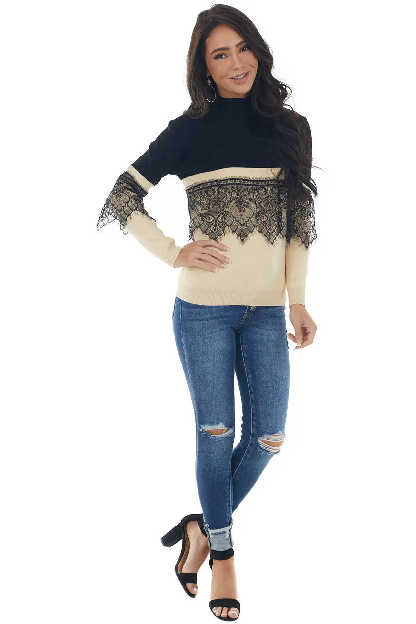 Black and Rich Beige Mock Neck Knit Sweater