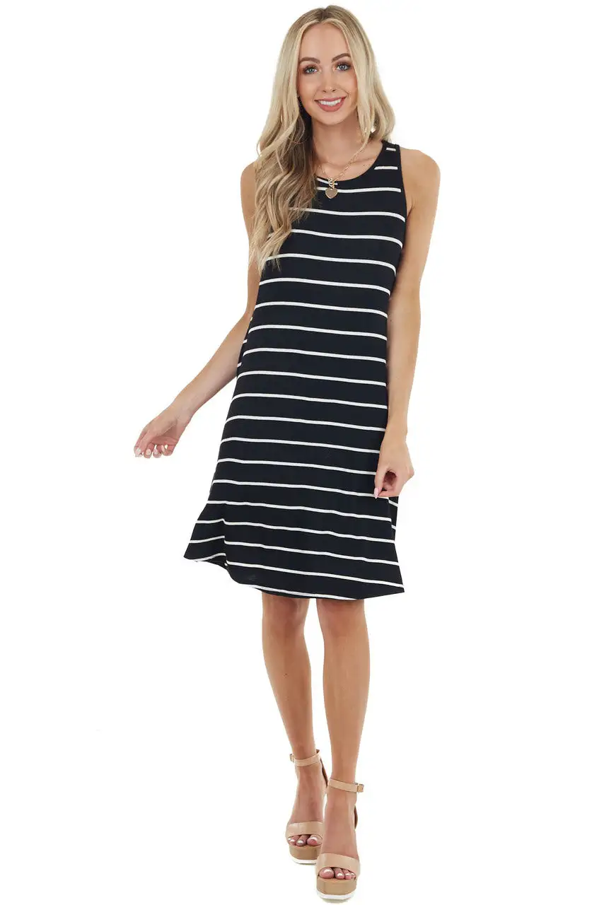 Black and Off White Striped Sleeveless Short Swing Dress