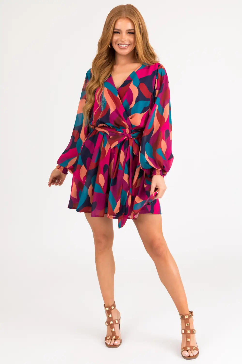 Berry Abstract Print Mini Dress with Waist Tie