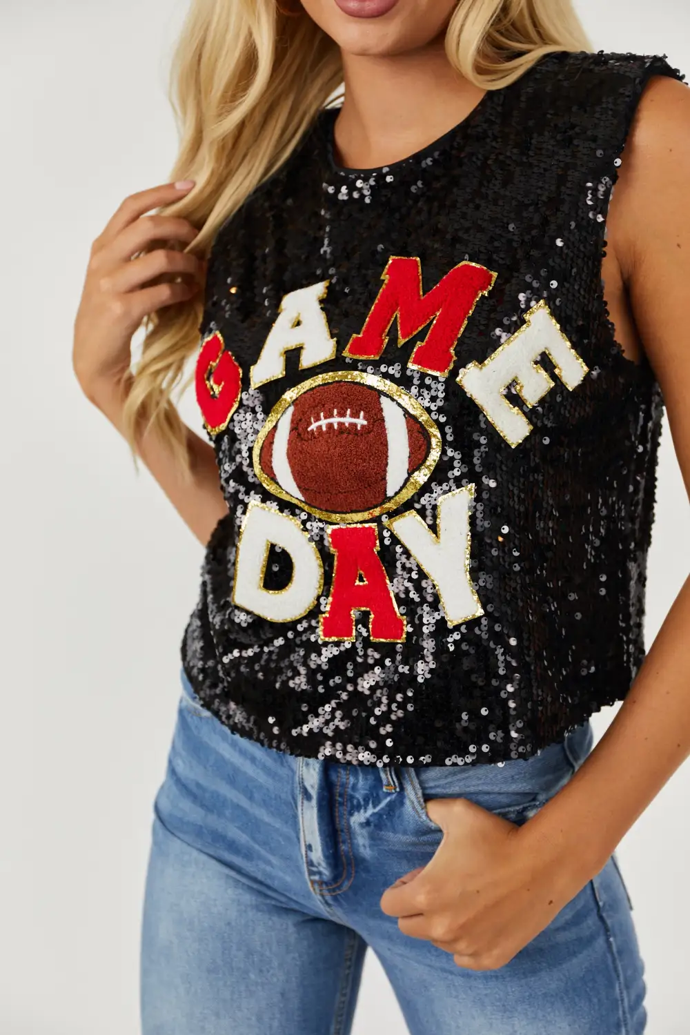 Black 'Game Day' Sequin Sleeveless Top