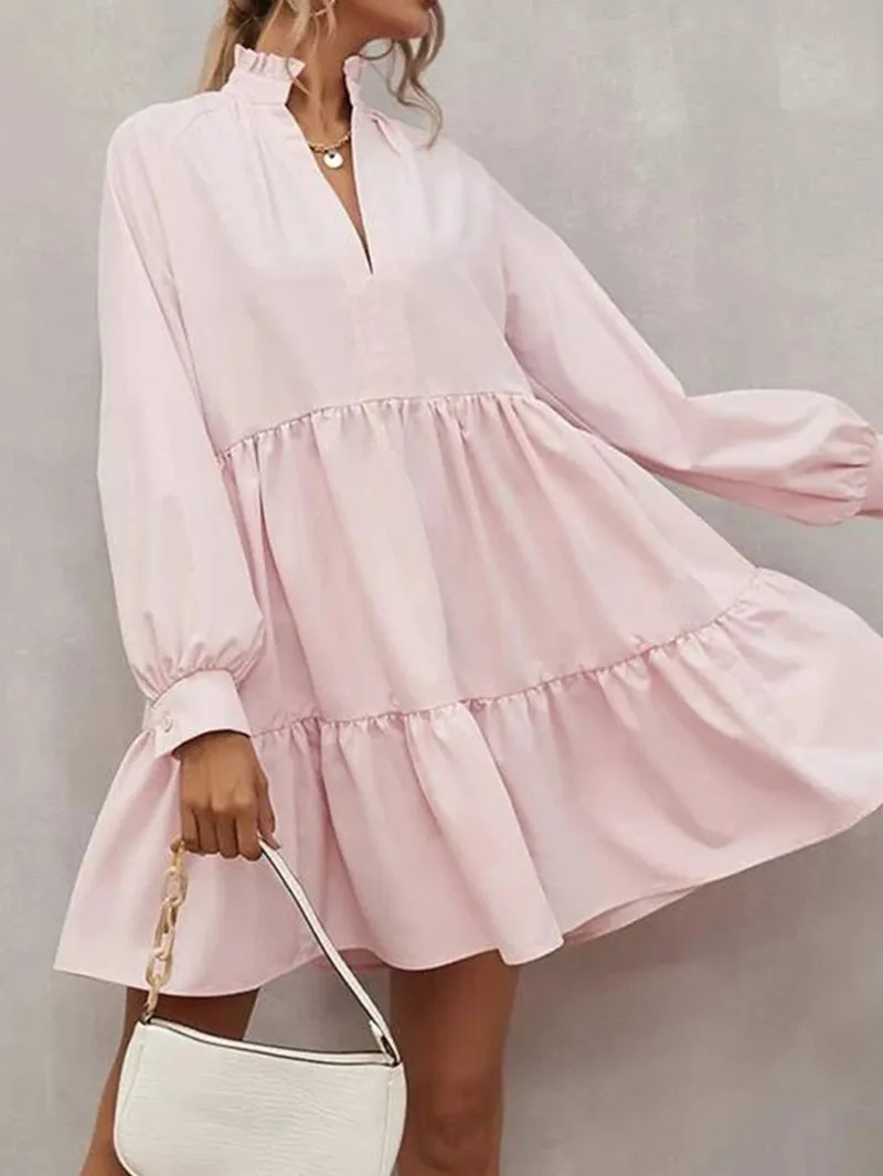 Pink Frilled Stand Collar Long Sleeve Ruffle Dress