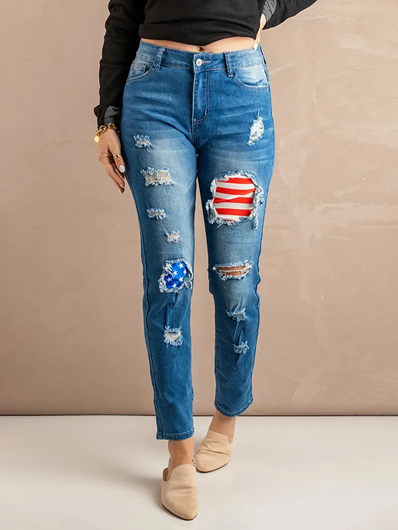 Casual flag print patchwork jeans