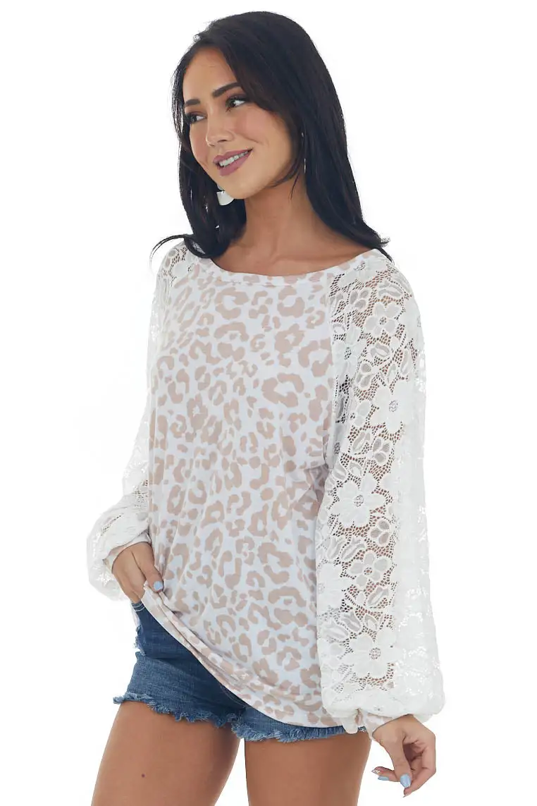 Beige Leopard Print Top with Lace Long Sleeves