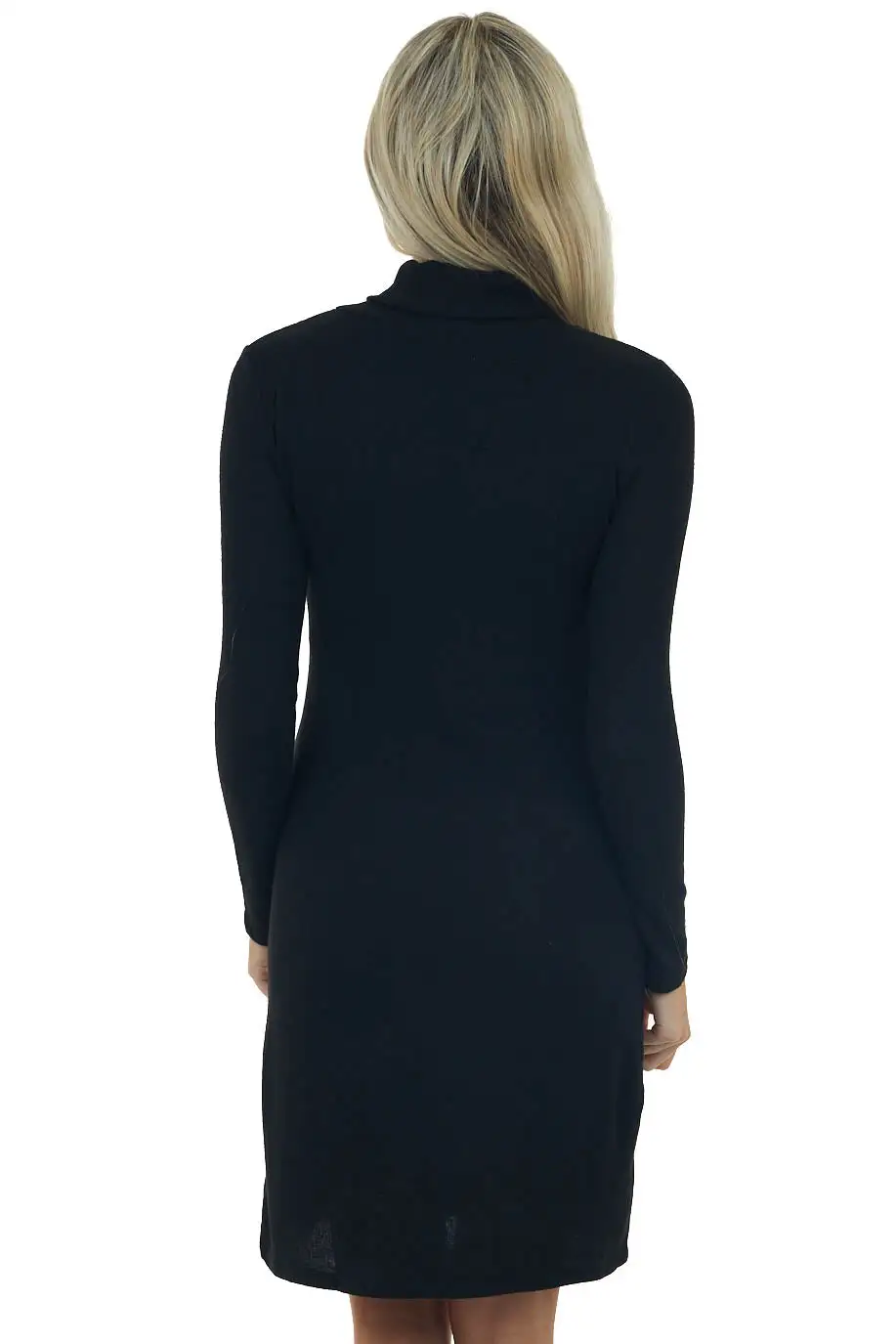 Black Brushed Knit Turtleneck Dress with Long Sleeves