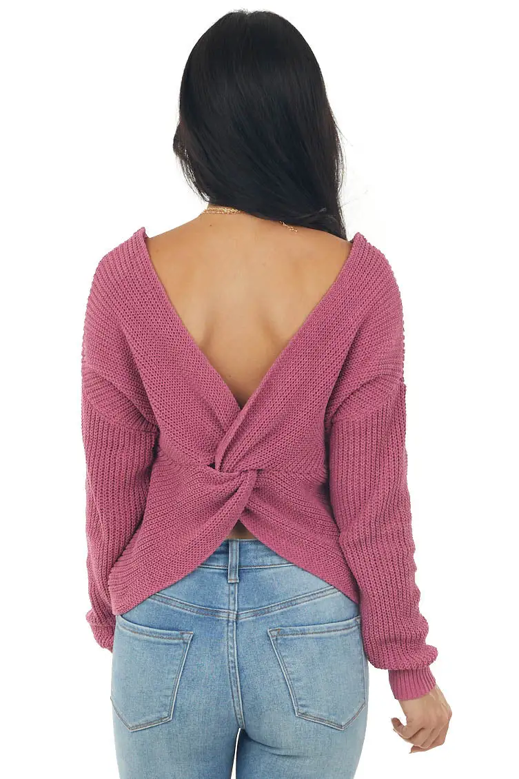 Berry Back Twist Drop Shoulder Sweater