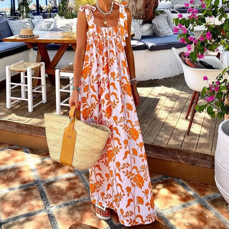 Summer Resort Style Printed Sling Dress
