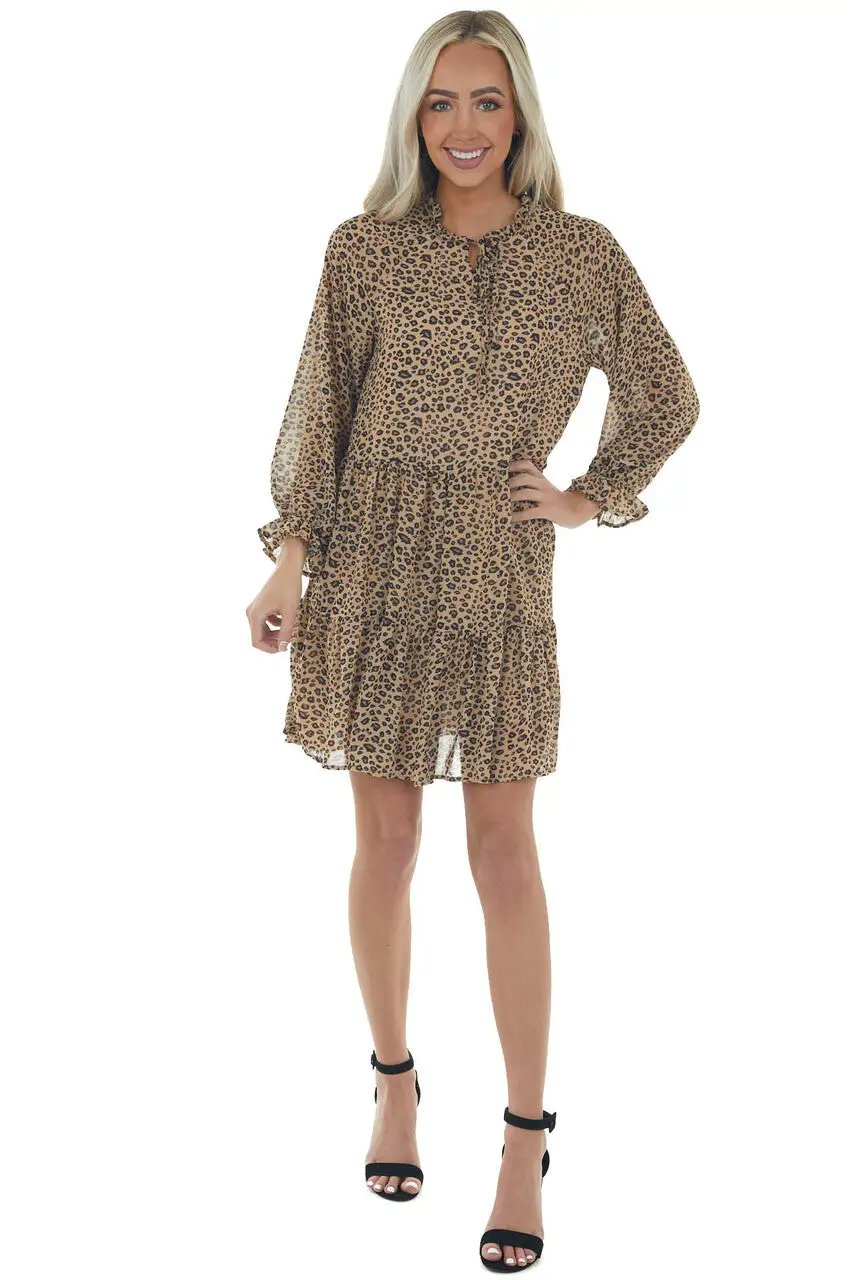 Beige Leopard Print Long Sleeve Ruffle Dress