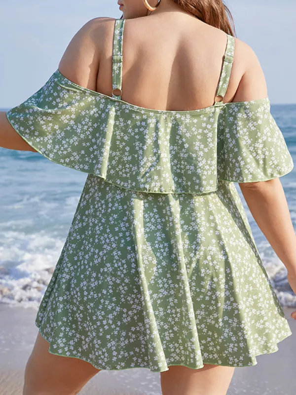 Green ruffled off-the-shoulder one-piece swimsuit