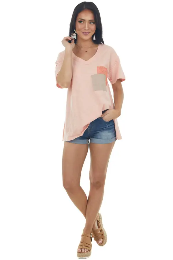 Apricot Contrast Double Chest Pocket Knit Top