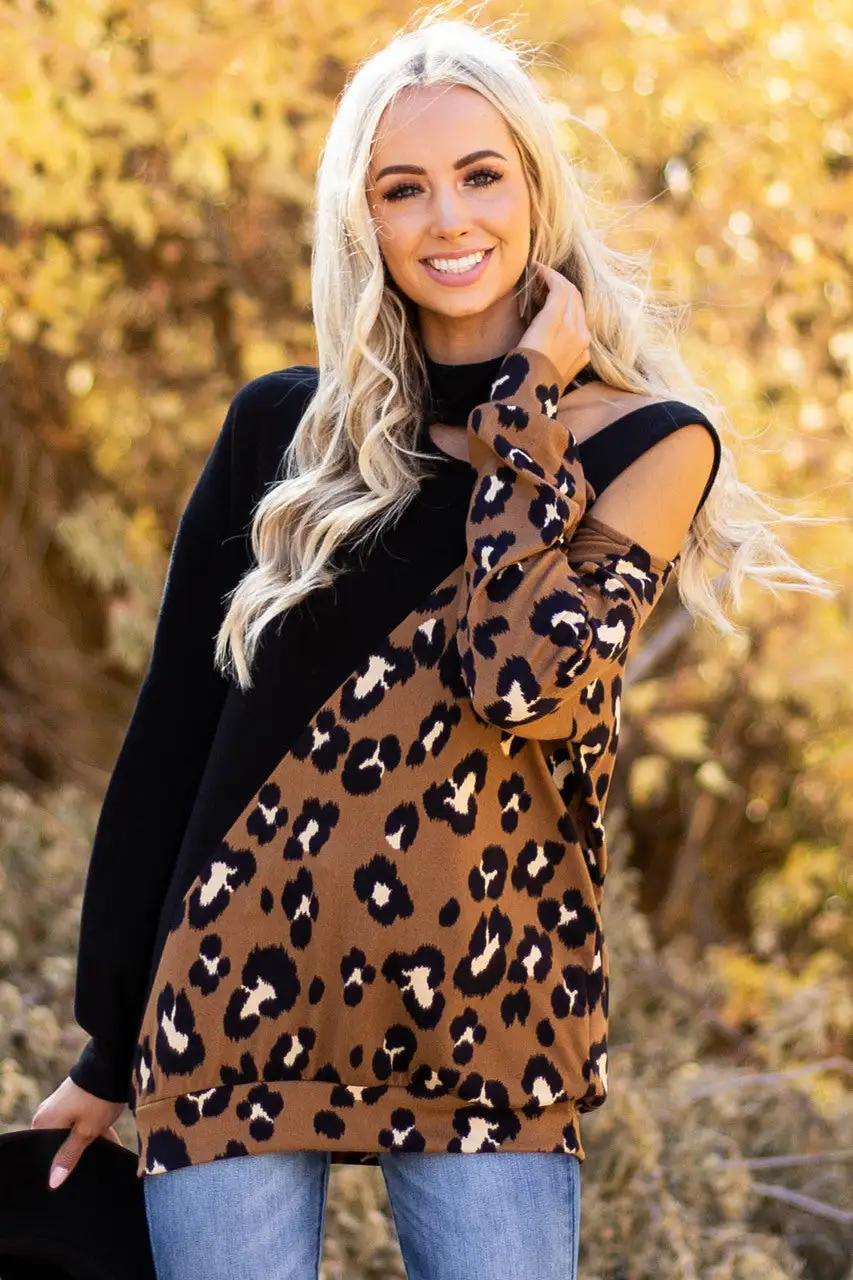Black and Leopard Print Knit Top with Shoulder Cutout Detail