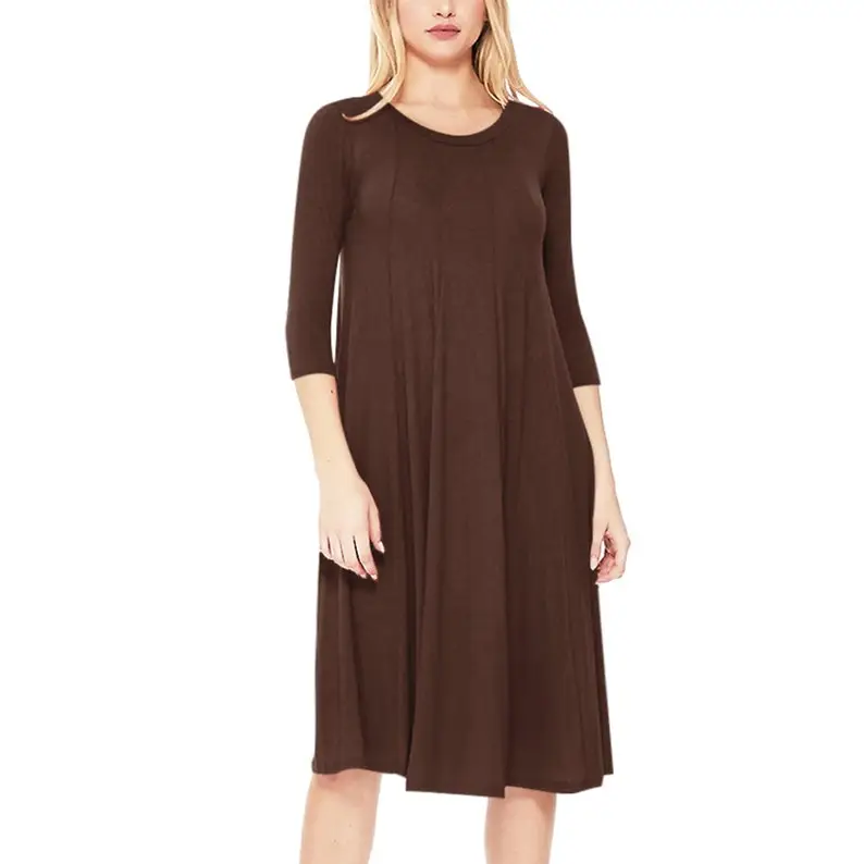 Women's Casual Basic Comfy 3/4 Sleeve Flare A-line Midi Long Maxi Dress