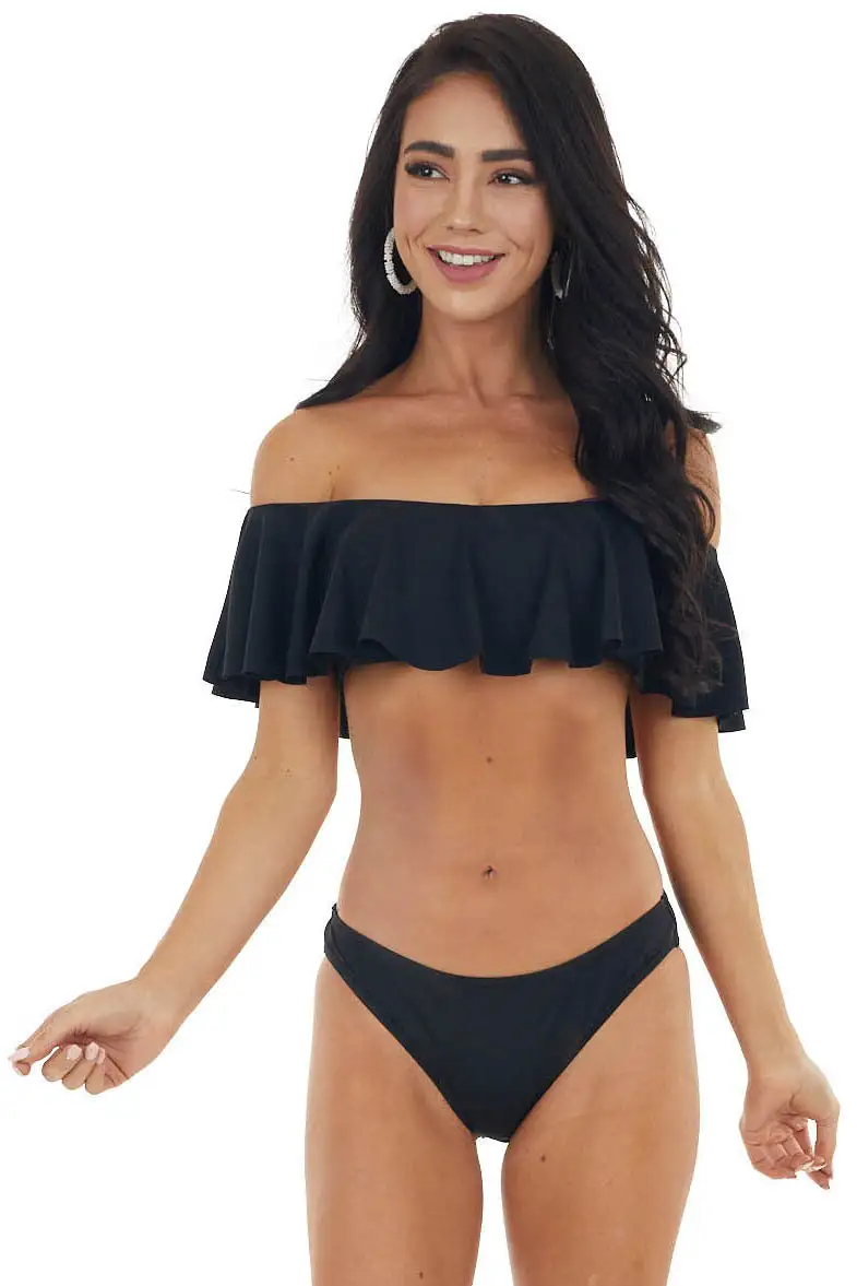 Black Bandeau Style Bikini with Ruffled Overlay Details