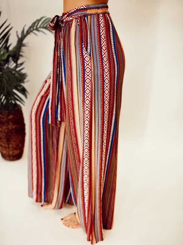 Ethnic pattern stripe pattern with waistband wide leg pants