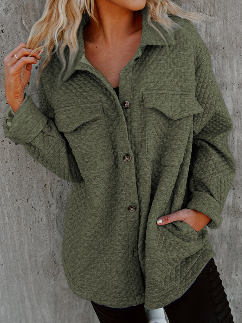 Green Retro Quilted Flap Pocket Button Shacket