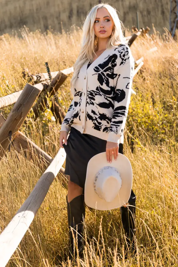 Beige and Black Abstract Print V Neck Cardigan