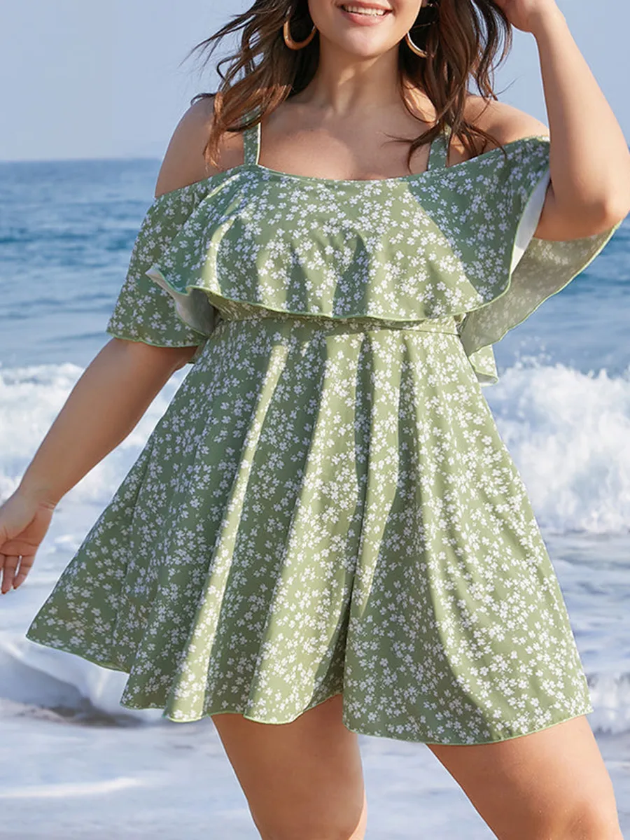 Green ruffled off-the-shoulder one-piece swimsuit