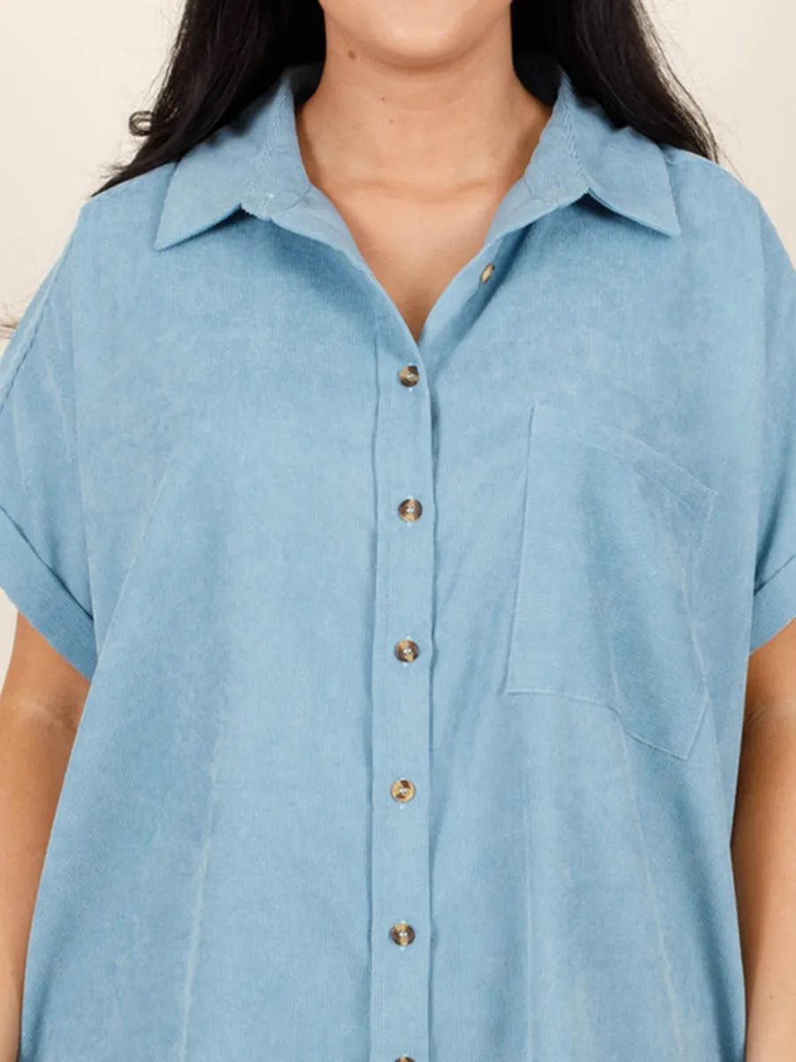 Blue patch pocket button loose fitting shirt