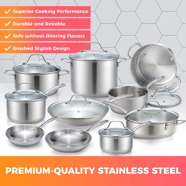 Pots and Pans Set 17-Piece, Ultra-Clad Pro Stainless Steel Cookware Set, Ergonomic and EverCool Stainless Steel Handle, Includes Saucepans, Skillets, Dutch Oven, Stockpot, Steamer and More